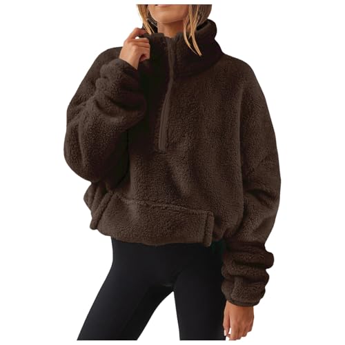 Sudaderas Mujer sin Capucha Media Cremallera Chaqueta Forro Polar Cuello Alto Chaquetas Sherpa Esponjoso Suéter Manga Larga Casual Bolsillo Sudadera Holgado Otoño Invierno Jersey