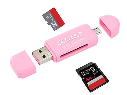 COASD Memory Card Reader SD OTG Adapter and USB 2.0 Portable for SDXC, SDHC, SD, MMC, RS-MMC, Micro SDXC, Micro SD, Micro SDHC Card and UHS-I Card (Pink)