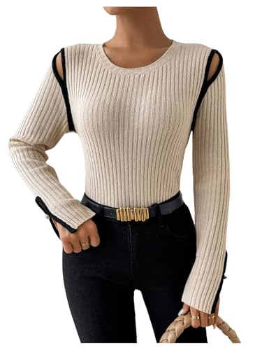 Image of SweatyRocks Women's Cutout Crewneck Long Sleeve Tops 2025 Fall Basic Knitted Ribbed Pullover Sweater