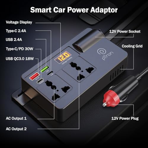 Image of pTron PowerEdge 200W Car Laptop Charger /Car Power Inverter with 2 USB (3A & 2.4A) + 2 Type-C (30WPD & 2.4A), Smart USB Charging Ports, 12V /24V DC to 220V AC, 2X Universal AC Outlet (Black)
