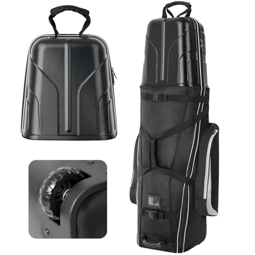 DAREKUKU Estojo rígido para viagem de golfe com rodas – Capa de viagem de golfe impermeável Oxford 2100D para companhias aéreas, dobrável, acolchoada com rodas grandes, cabe em conjunto completo e