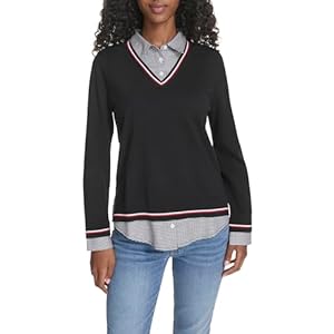 Tommy Hilfiger Womens Long Sleeve Button Up Collared Twofer Sweater