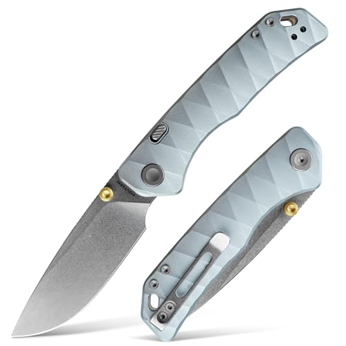 Image of Vosteed Marten EDC Folding Pocket Knife - 3.30 inch 154CM Stonewash Blade - Top Liner Lock, Light Blue Aluminum Handle - Hunting, Hiking Knives - A1614