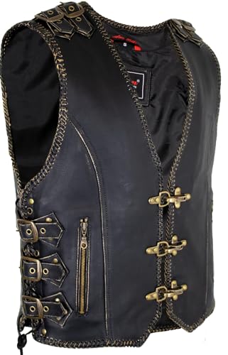 MDM Herren Biker Lederweste mit Messing Schnallen und Karabinern, Vintage...