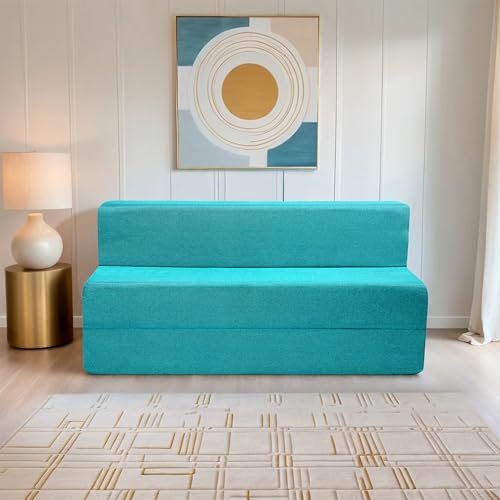 Image of Amazon Brand - Solimo 4 Seater 6 * 6 Jute Fabric Washable Cover Sofa Cum Bed 4 Seater Double Foam Fold Out Sofa Cum Bed (Finish Color - Sky Blue Delivery Condition - Pre-Assembled)