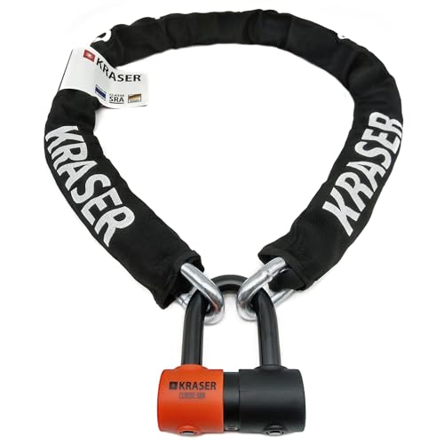 KRASER KR50150 Cadena Alta Seguridad Antirrobo Moto + Candado Moto Disco Mini U ø13.5, 150cm Homologado Classe SRA, Robusto, Full Tested Antirobo Vesátil para Motocicleta, Scooter Bici Anclaje Parking