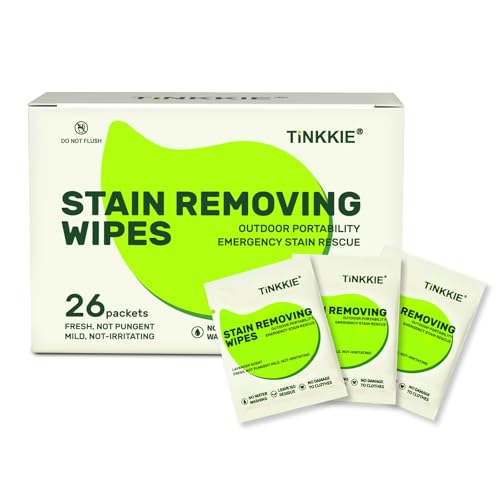 TiNKKiE 26 Pack Stain Remover Wipes for Clothes & Fabric Instant Clothing Stain Remover for Shoes Shirts & Jackets Individually Wrapped Portable Wipes for Travel & On-the-Go Cleaning