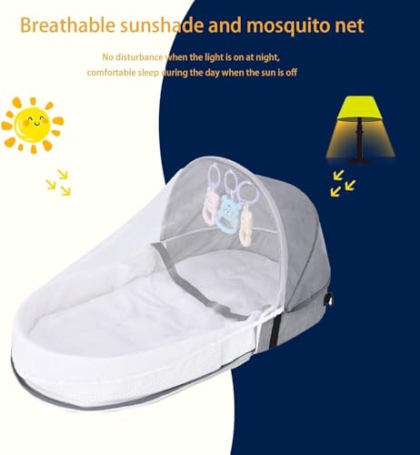 Image of 3-in-1 Portable Baby Bassinet & Diaper Bag, Foldable Travel Bed with Mosquito Net & Sun Awning, Breathable Newborn Lounger for Co-Sleeping, Lightweight Grey Infant Crib for Camping & Outdoor Use