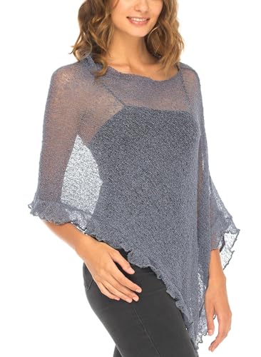 Image of SHU-SHI Women's Sheer Knit Poncho Shrug Lightweight Asymmetrical Ruffle Wrap Dressy Summer Shawl Cover Up Top