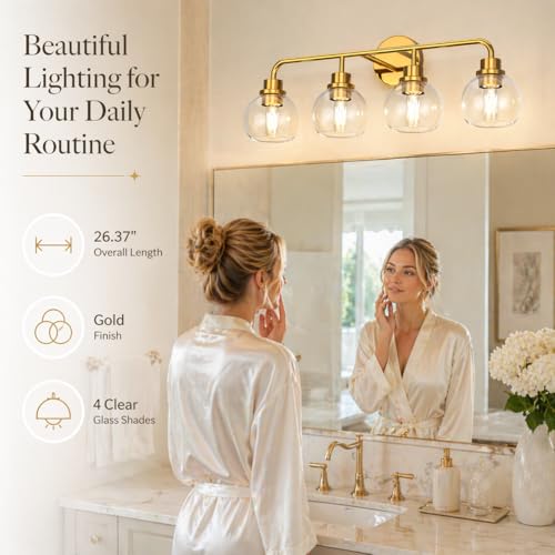 Image of DORESshop Bathroom Light Fixtures, 4-Light Gold Vanity Lights Over Mirror, Wall Lamp Clear Glass for Living Room Decor Bedroom Porch Cabinet