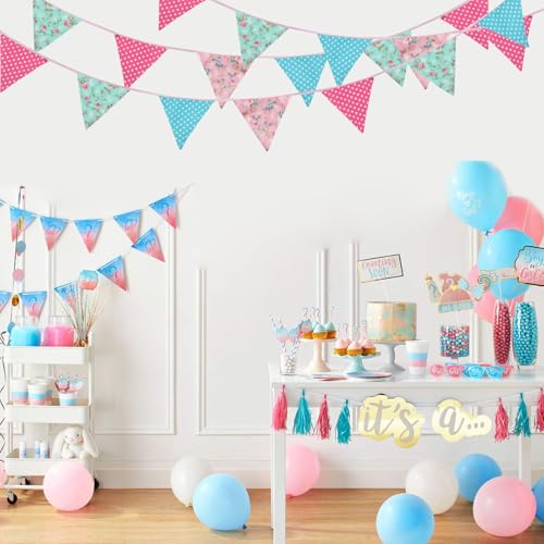 Image of Zwiebeco 32Ft Pink Blue Circle Dots Floral Fabric Bunting Triangle Flags Cotton Flowers Pennant Banner Decorations for Birthday Wedding Engagement Tea Party Spring Rustic Village Home Garden Decor