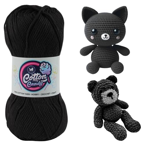 Image of NESTNHAVEN Cotton Candy 100% Cotton Yarn - (100g, 185 Meters) - Luxury Yarn for Crochet, Amigurumi, Embroidery, Toys, Garments, Flowers and Hobby, Projects. (Black) | (200 Gm)
