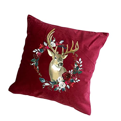 Image of Pomchick, Reindeer and Christmas Flowers Velvet Cushion/Christmas decor / 6 colours/Christmas gift for her/Throw Pillow/Xmas decoration