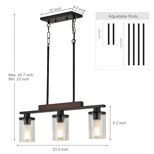 Twig Wood Island Light For Kitchen/Restaurant,3-Light Farmhouse Dining Room Fixture/Chandelier Over Table/Bar,Matte Black Industrial Linear Pendant Lighting Fixtures Ceiling Hanging With Glass Shade-E26 thumb #1