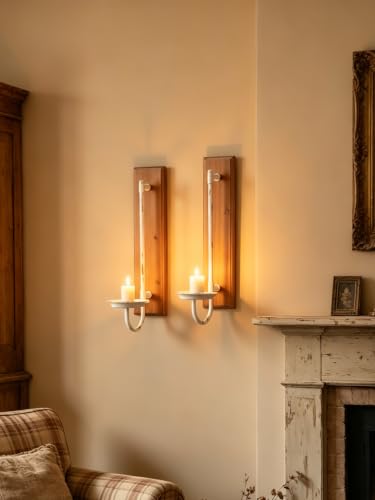 SOFE Metal White Candle Sconces Wall Decor Set of 2, 13" Tall Shabby Chic Design with Wood Board, Rustic Candle Wall Sconce for Taper Candle