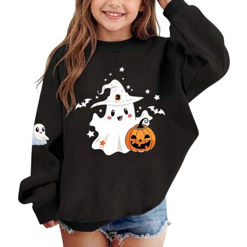 Girls Pink Ghost Witch Hat Pumpkin Halloween Crewneck Sweatshirt Pullover - image 4