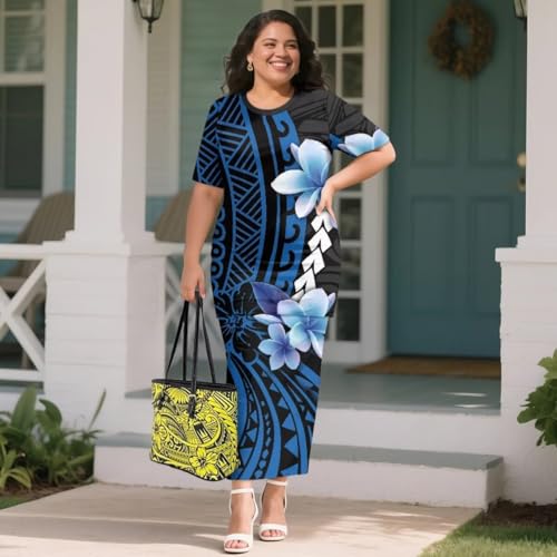 Image of Puletasi Samoan Traditional 2 Piece Outfits for Women Short Sleeve Crop Top and Maxi Skirt Sets Puletasi Dress