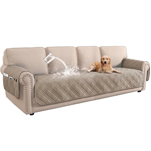BellaHills 100% Waterproof Sofa Cover 4 Seater Sofa Slipcovers Couch Cover for Living Room Washable Sofa Seat Covers with Side Pocket Pet Couch Cover Sofa Protector (4 Seater, Taupe)