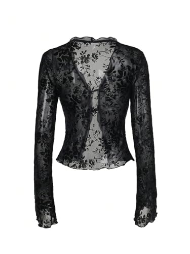 GORGLITTER Women's Tie Front Tops Gothic Sheer Mesh Bell Long Sleeve See Through Fall Blouses Tops Soft Grunge Outfit3