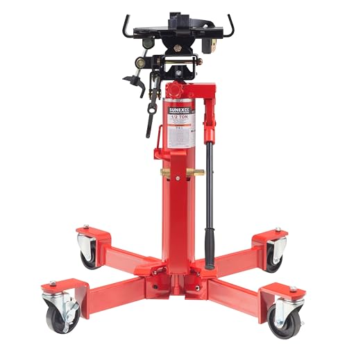 Sunex Tools 7796 1,000 lb Telescopic Transmission Jack, Air/Hydraulic, Foot & Hand Pump, Adjustable Saddle Arms, 73.5 in Max Height