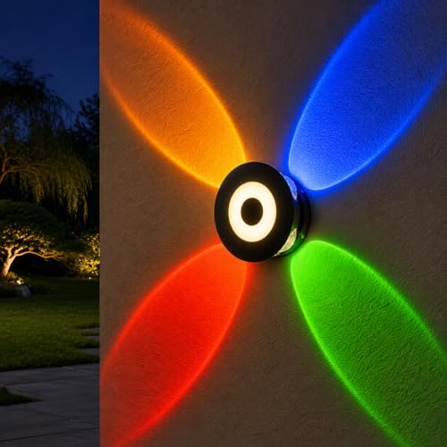 Image of FERA Waterproof Up Down Led Wall Lamp, Aluminium IP65 Body 4+1 Ray, Multycolor, Indoor /Outdoor Decorative Wall Sconce Light, (HaloBeam 4 Way Multi)