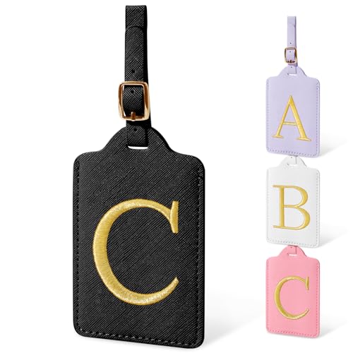 Initial Luggage Tags for Suitcases, Cute Embroidered Letter Luggage Bag Suitcase Identifier Name Baggage Tag, PU Leather Travel Luggage Tags, Bag Tags for Men Women Kids Luggage Handbags(Black C)