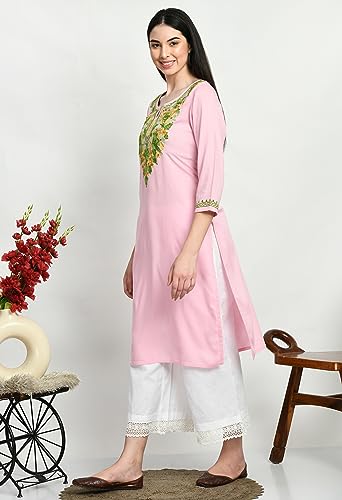 Image of QAZMI Women's Rayon Cotton Keyhole Neck Three-Quarter Sleeves Kashmiri Embroidered Straight Kurta