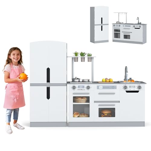 Costzon Kids Kitchen Playset, 2 Piece Wooden Modular Toy Play Set w/Running Water, Sound & Light, Fridge, Dishwasher, Microwave, Oven, Pretend Play Kitchen for Kids Ages 3+ (Grey + White)