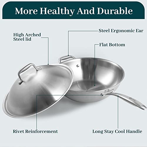 Deluxe Stainless Steel Wok Pan, 12.5" Stir Fry Pan With Steel Lid, 3-Ply Kitchen Cookware Stay-Cool Handle Large Cooking Pot For Induction Cooktop Electric Gas Ceramic, Dishwasher Oven Safe #TOP5