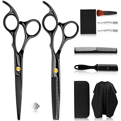 Tuuinn 11 Pcs Hair Cutting Scissors Kit, Stainless Steel Hair Scissors Professional Haircut Scissors, Thinning Shears, Black Barber Scissors Set for Men Women Pets Home Salon Barber