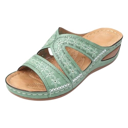 Sandalias de mujer con puntera bordada, tacón de cuña, talla grande, suela gruesa disponible en colores, Verde claro., 39 EU