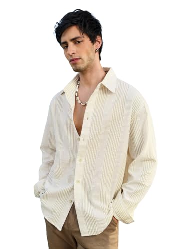 Image of The Souled Store Seersucker: Men and Boys Long Sleeve Spread Collar Striped Lightweight Easy to Style Everyday Office Wear Cotton Relaxed Shirt