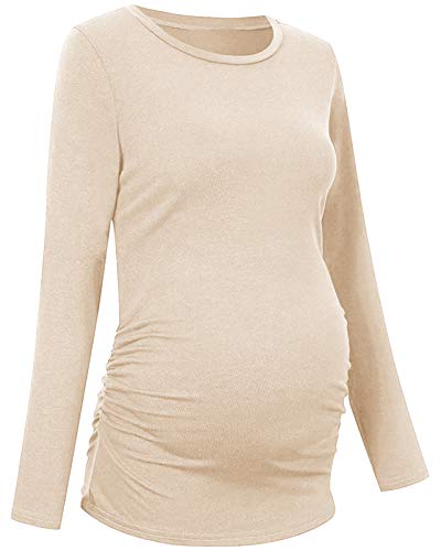 Chuanqi Maternity Shirt Side Button And Ruched Tunic Tops Maternity Long Sleeve T-Shirts (Apricot, Small) #TOP2