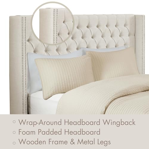 Madison Park Amelia Upholstered Headboard | Nail Head Trim Wingback Button Tufted | King, Cream by Madison Park - Image 2