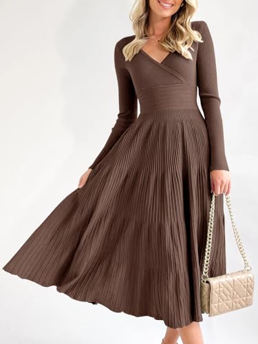 Saodimallsu Womens Long Sleeve Midi Sweater Dress Wrap V Neck Pleated A Line Fit Flare Elegant Knit Maxi Dress2
