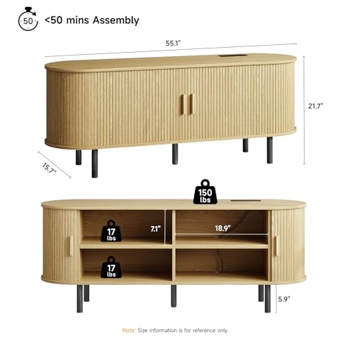 Image of ONBRILL 55 inch TV Stand with Power Outlet for TVs up to 60 Inch, Entertainment Center with Storage and Adjustable Shelves, Modern Media Console with Sliding Doors for Living Room, Oak