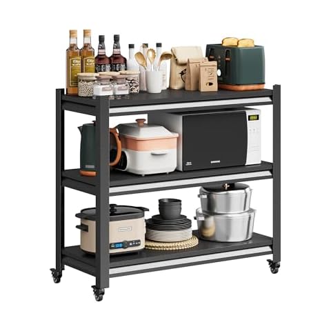 Topass Storage Shelves, Bakers Rack with Wheels, 3-Tier Metal Shelving Unit with Wheels for Kitchen Garage Office, Kitchen Stand with Adjustable Rack (18" D x 34" W x 32" H) Cover