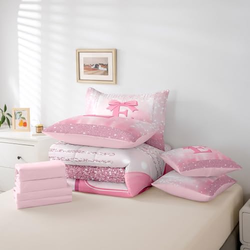 Image of Feelyou Kids Pink Bowknot 7 Pieces Bedding Set Queen Size, Personalized Initial E Bed in A Bag Princess Glitter Comforter Set with Sheets Boys Girls Bow Alphabet Teens Bed Set Bedroom Decor 7Pcs