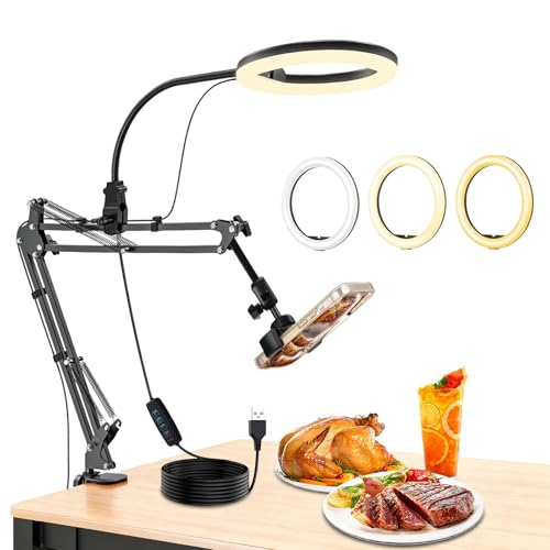 Trépied pour Téléphone Portable avec LED Ring Light (10,24'), Alimenté par USB, 3 Modes de Couleur, Ring Light éclairage Rotatif à 360° pour Appareil Photo, Maquillage, Diffusion en Direct, Cooking