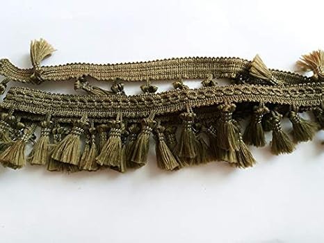 Fringe Tassel Trim Garland Bobble Ribbon Lace Tape with Tassels for Curtains Lampshade Cushion Craft - Sold by The Metre - Olive Green