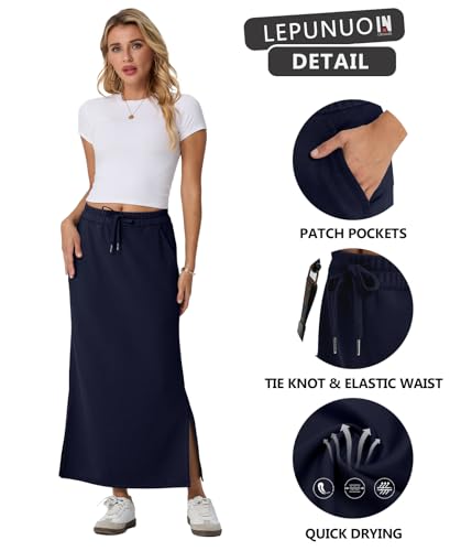 Image of Lepunuo Women's High Waisted Sweat Maxi Skirt with Pockets Slit | Ultra Soft Sweat Fabric, High Waist Drawstring, Deep Phone Pockets, Side Slit for Movement, Ideal for Lounge Travel