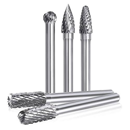 5pcs Tungsten Carbide Rotary Burr Set, Rotary Burr Tool with 6 mm (1/4') Shank and 8 mm (1/3') Cutting Edge for Metal and Non-metal Processing