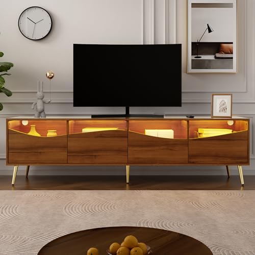 Merax Meuble TV Moderne 180 cm avec LED, Lowboard Bois avec Pieds Métalliques Dorés, Front en Verre Trempé et Rangement pour Salon