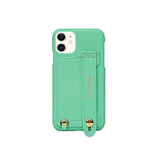 iPhone11 ケース Handy ハードケース PUレザー 耐衝撃 スタンド機能 ハンディベルト ハンドメイド ストラップホール ストラップリング カードポケット ミントグリーン 薄荷色 春緑色 H6-11-MintGreen