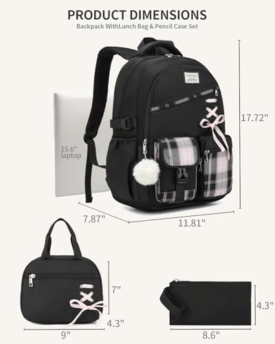 Image of Cute School Backpack for Teen Girls, 3Pcs Kids Bookbag with Lunch Box Pencil Pouch for Elementary Middle High School College, Water Resistant Laptop Backpacks Back to School Gift Black Pink Tartan