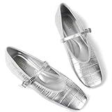 Zasda Womens Mary Jane Flats Square Toe Ballet Flats Leather Comfortable Casual Dressy Shoes with Adjustable Ankle Strap Silver