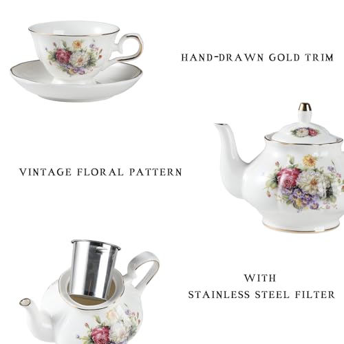 Sweejar Home Royal Ceramic Sugar and Creamer Set - 3 Piece Coffee Serving Set with Cream Pitcher, Sugar Bowl, Lid & Spoon - Elegant Wedding Gift (Floral Design) - Image 5