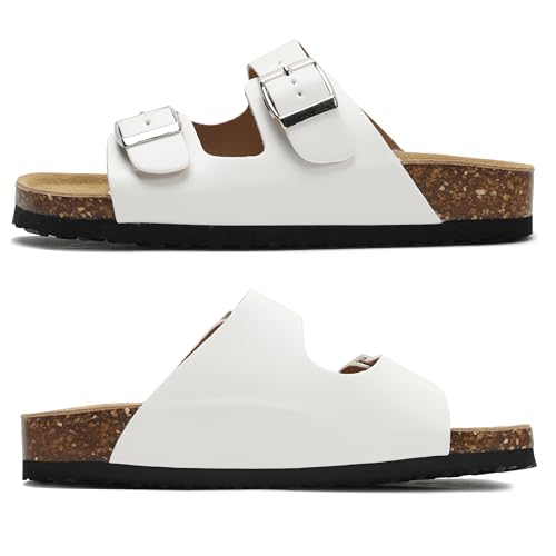 Image of Genuine Leather Cork Footbed Sandals with Arch Support Women Men's Flat Slip Slippers with Adjustable Double Buckle Beach Sandal Memory Foam Slides Open Toe Slipper for Summer Vacation