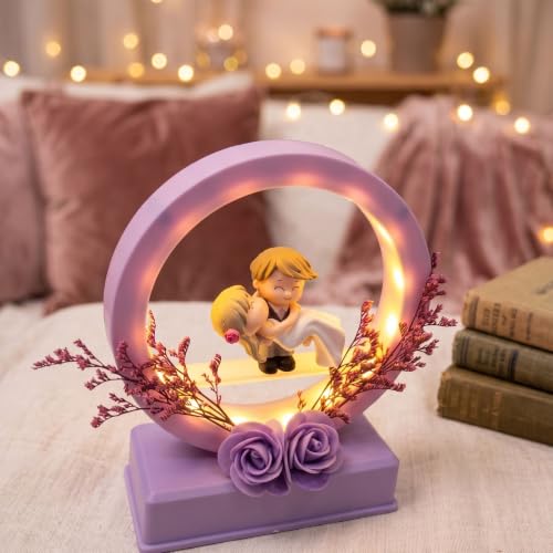 Image of Romantic Couple LED Night Lamp with Miniature Bride & Groom Figurine | Decorative Ring Light Table Lamp with Floral Base Gift for Couples, Wedding Gift, Valentine's Day Gift