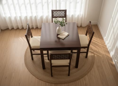 Image of RECTART Solid Wood Dining Table Set with Chairs for Living Room Home | Wooden Dining Room Sets Furniture for Hotels and Restaurants | (CNC-White-W, 4 Seater)